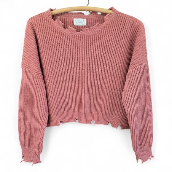 Poof Apparel Sweaters - Distressed Pink Knit Crop Sweater By Poof Apparel - Long Sleeve Crew Neck Large